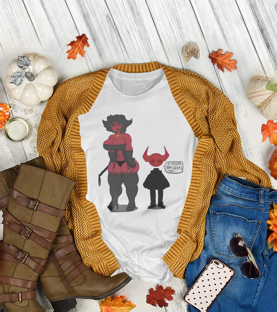 Thewboy I Think She Likes You Dark Humorous Cartoon Characters T-Shirt