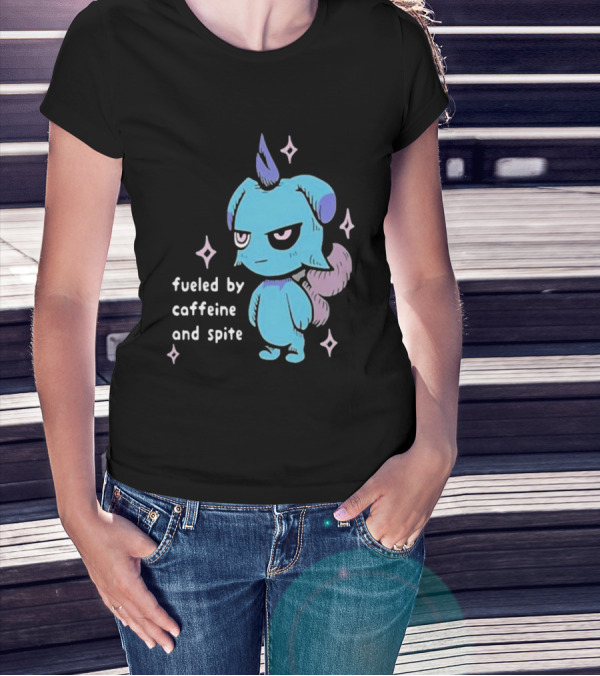 Palworld Fueled By Caffeine And Spite Blue Creature With Pink Stars T-Shirt