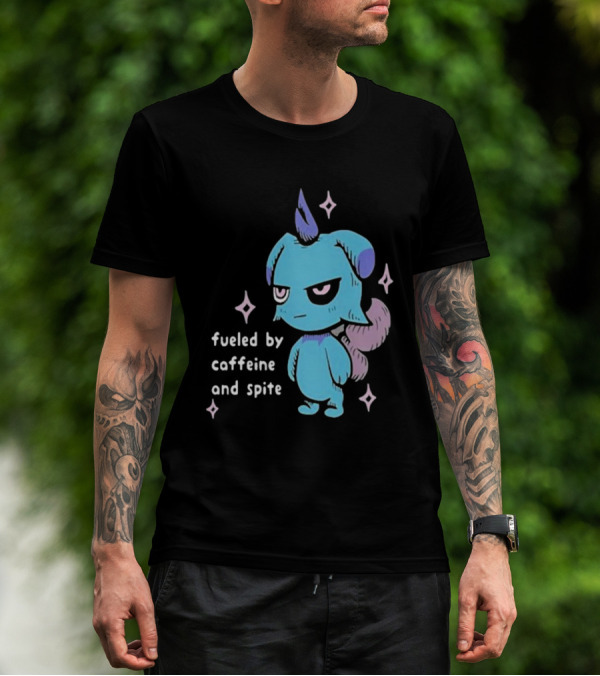 Palworld Fueled By Caffeine And Spite Blue Creature With Pink Stars T-Shirt