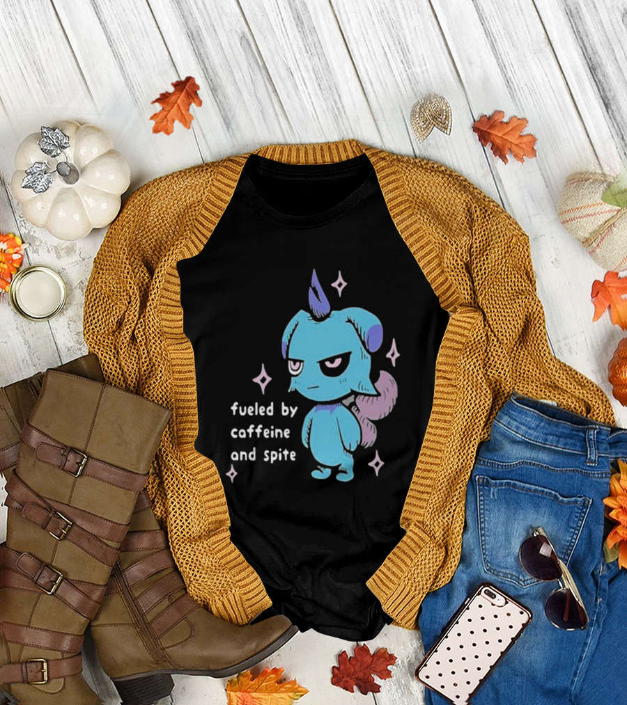 Palworld Fueled by Caffeine and Spite Blue Creature with Pink Stars T-Shirt
