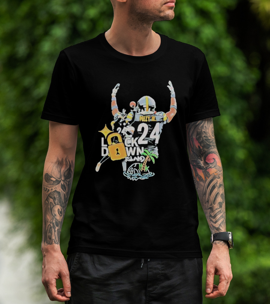 Peezy Jr 24 Lock Down Island Football Celebration With Palm Tree And Lock T-Shirt