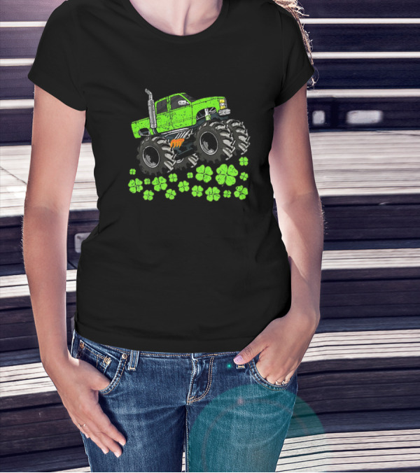 Kids Boys St Patricks Day Toddler Lucky Green Monster Truck With Shamrocks T-Shirt