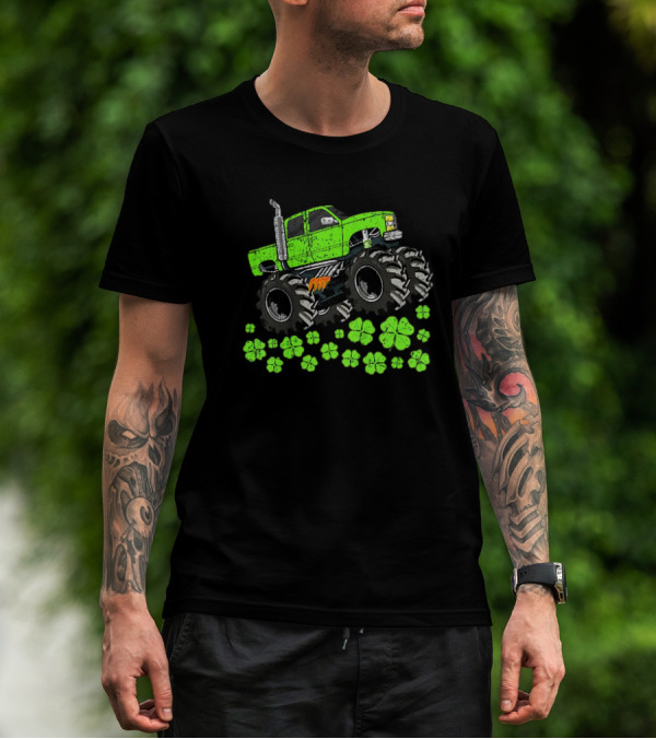Kids Boys St Patricks Day Toddler Lucky Green Monster Truck With Shamrocks T-Shirt