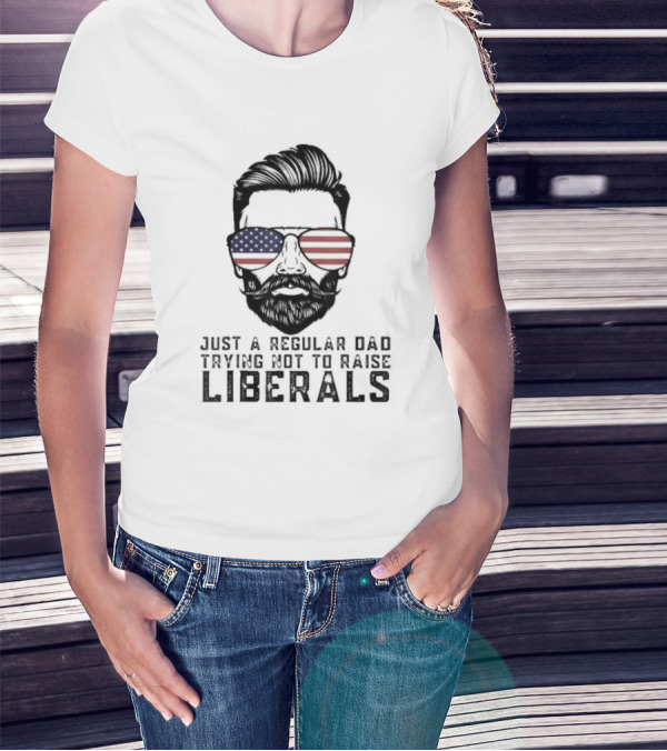 Just A Regular Dad Trying Not To Raise Liberals American Flag Sunglasses T-Shirt