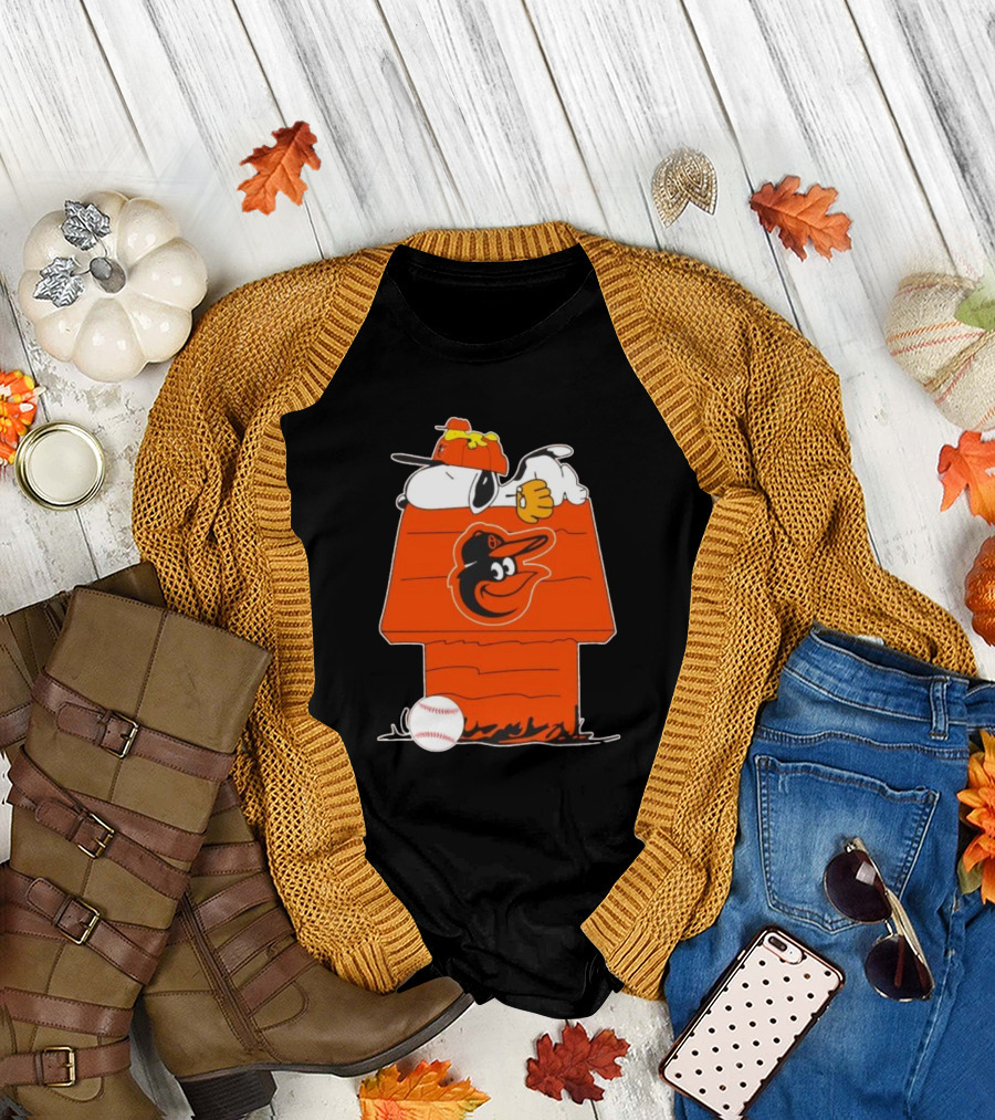 Snoopy and Woodstock Sleeping on Baltimore Orioles Themed Doghouse with Baseball T-Shirt