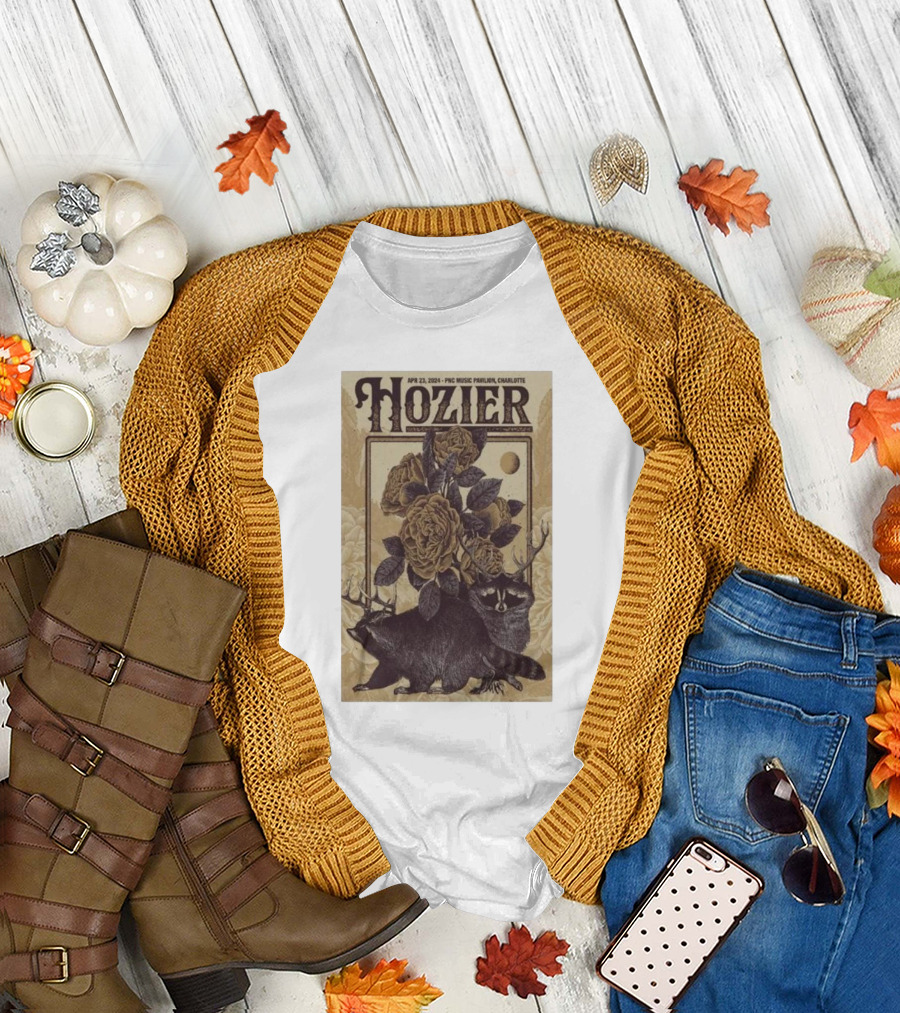 Hozier April 23 2024 PNC Music Pavilion Charlotte Raccoons and Roses Concert T-Shirt