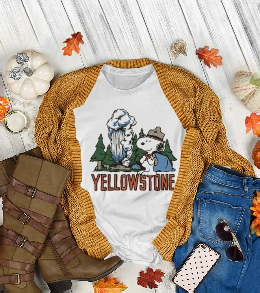 Peanuts Snoopy Yellowstone Camping Scene with Geyser and Forest T-Shirt