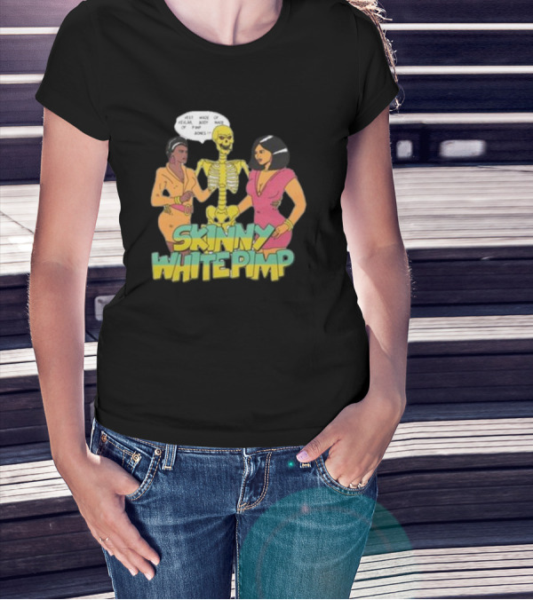 Team SESH Skinny White Pimp Cartoon Skeleton With Women T-Shirt