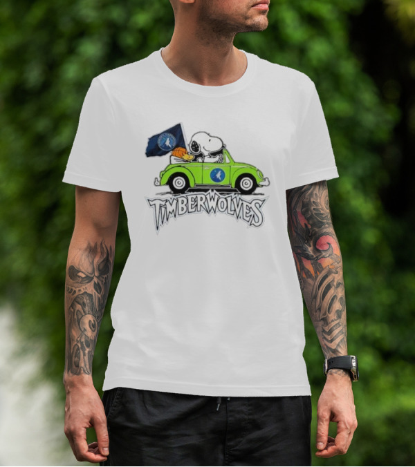 Minnesota Timberwolves Snoopy Forever Fan Driving Car With Timberwolves Flag T-Shirt