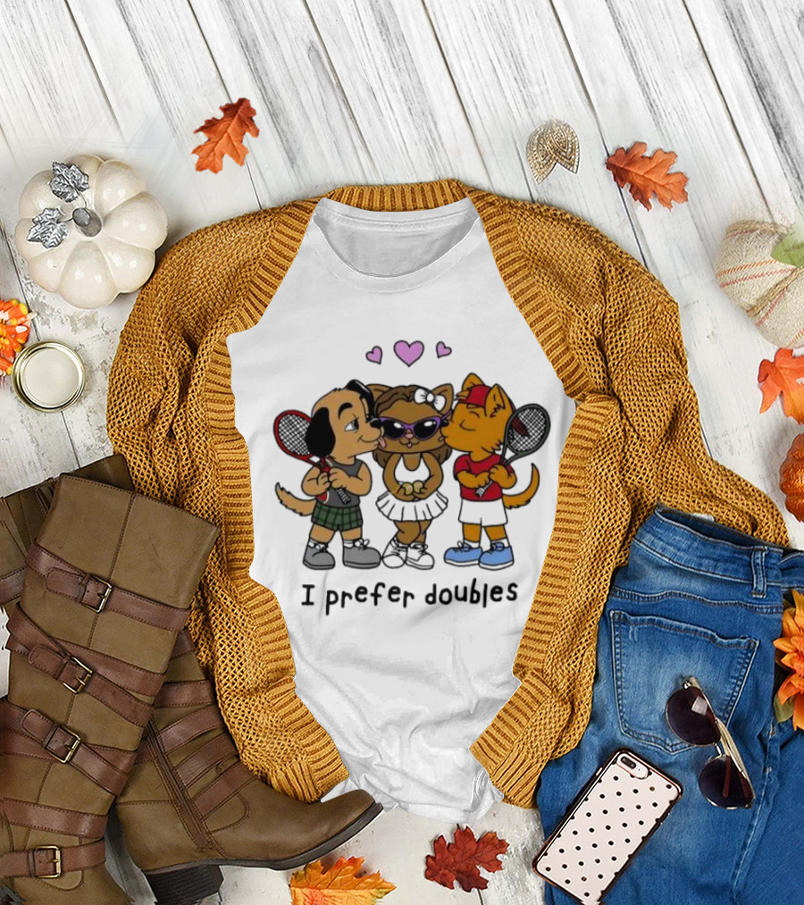 I Prefer Doubles Cute Animals with Tennis Rackets and Hearts T-Shirt