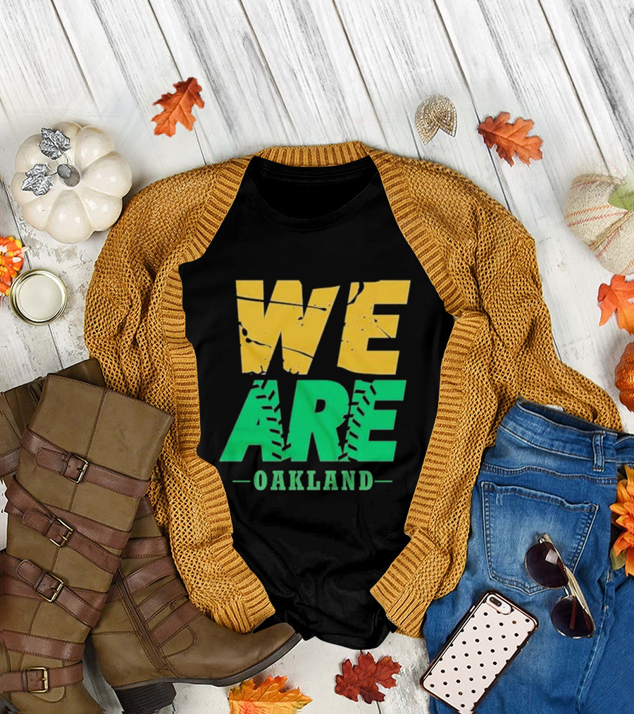 WE ARE OAKLAND Yellow Green Text Baseball Seam T-Shirt