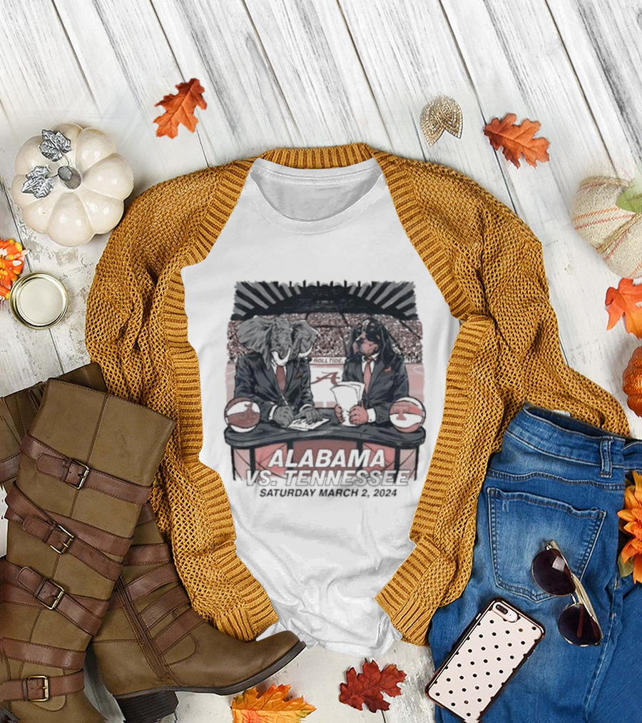 Alabama Vs Tennessee Game Day Matchup Elephant and Dog Broadcasters March 2 T-Shirt