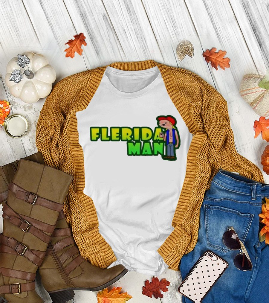 Flerida Man Beer Drinking Cartoon Character with Red Cap and Green Letters T-Shirt