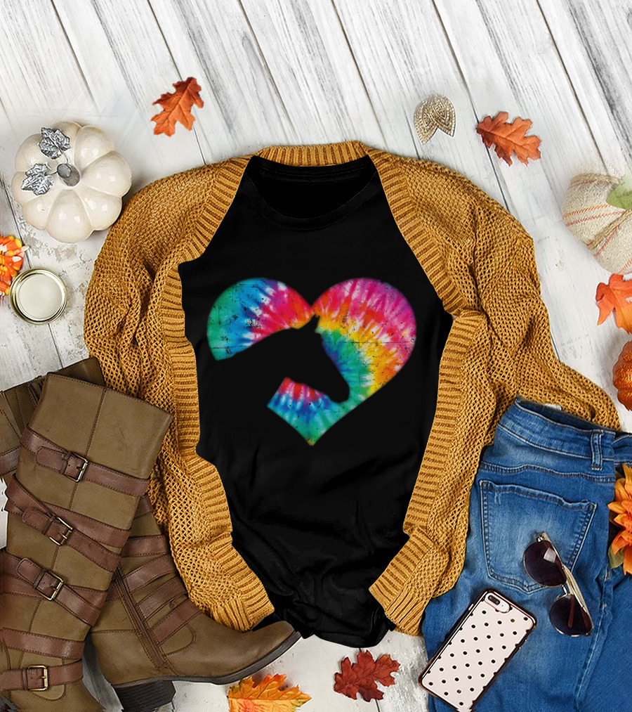 Horse Lover Tie-Dye Rainbow Heart T-Shirt
