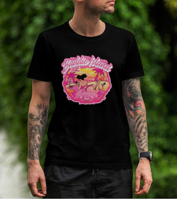 Baddie Island Summer Scene With Palm Trees And Cocktail Imagery - Baddie Budz Vibe T-Shirt
