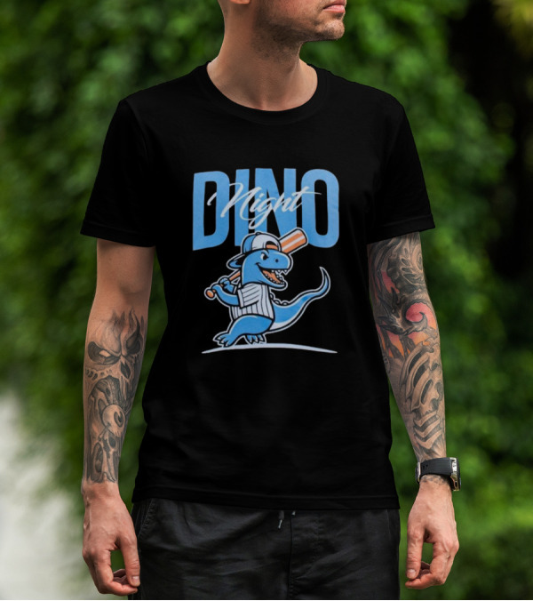 Dino Night Baseball Player Dinosaur In Cap With Bat T-Shirt