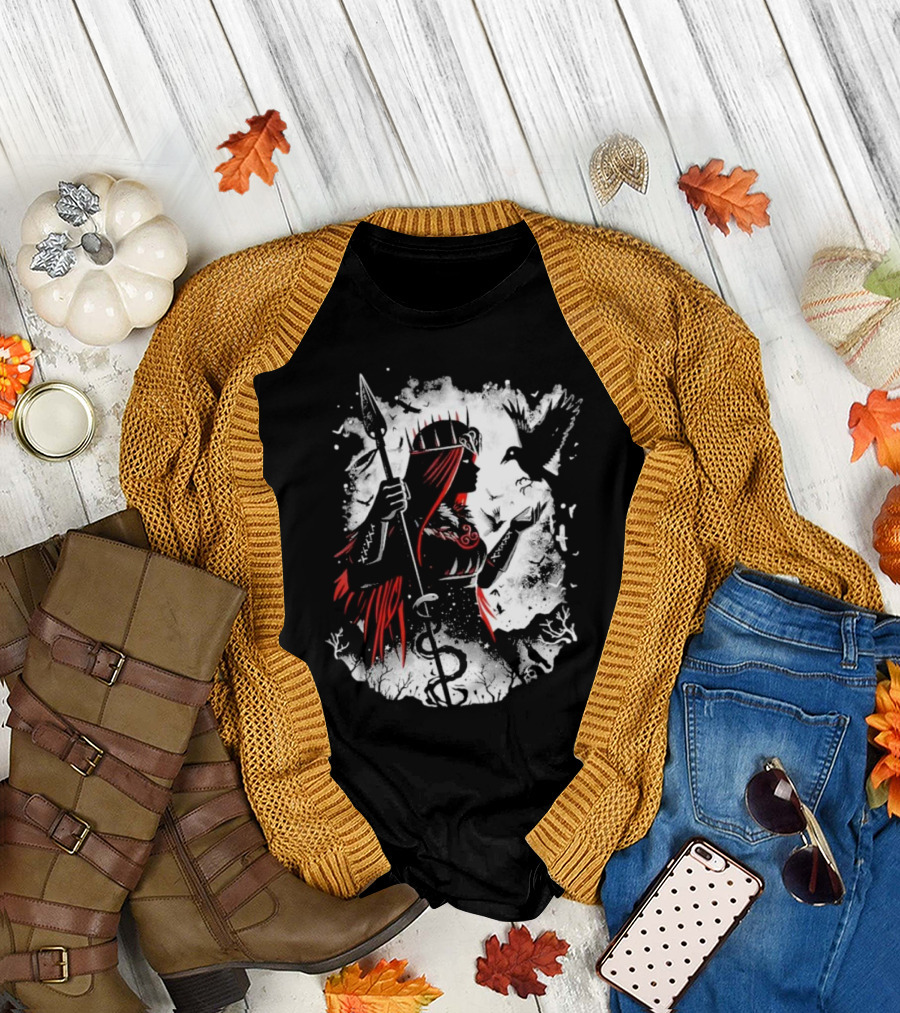 Goddess of Fate and War with Spear and Raven T-Shirt