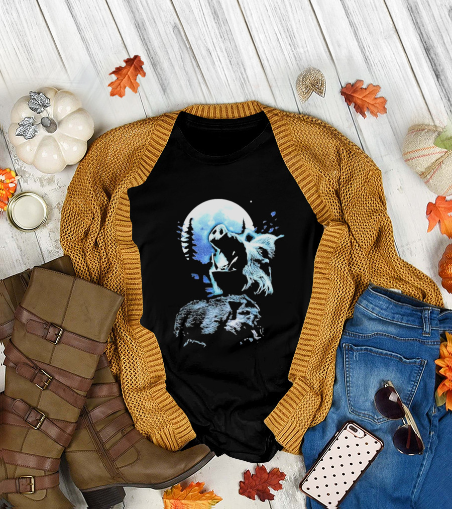 Wild Boar Howling At The Moon Men’s Forest Night Scene T-Shirt