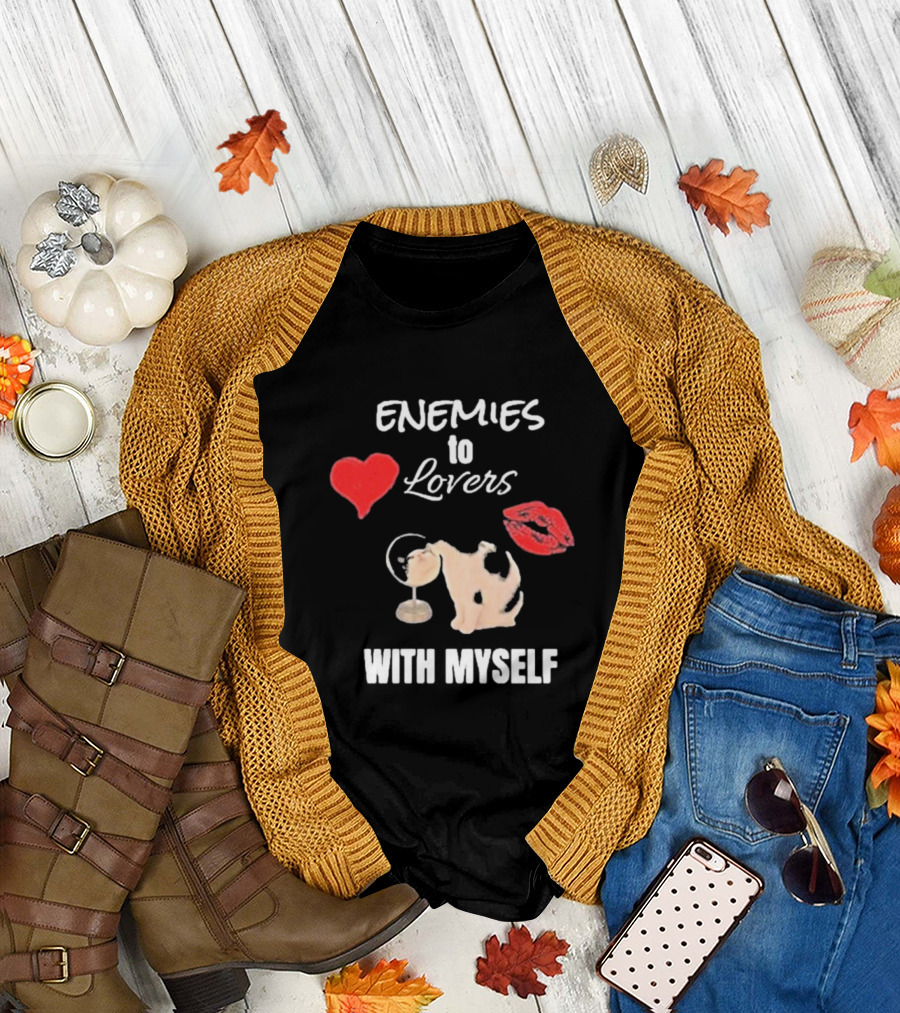 Enemies To Lovers With Myself Heart Lips Cat Drinking Martini T-Shirt