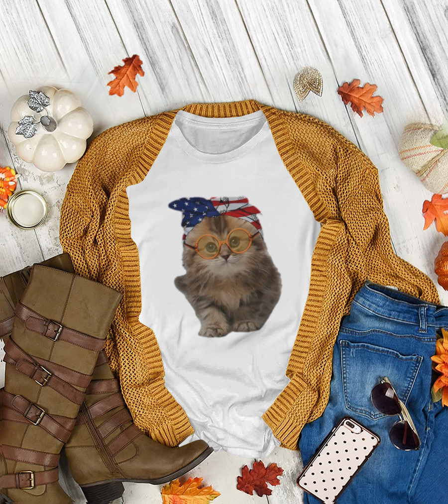 Adorable Cats 365 Patriotic American Flag Kitten with Glasses for 4th of July T-Shirt