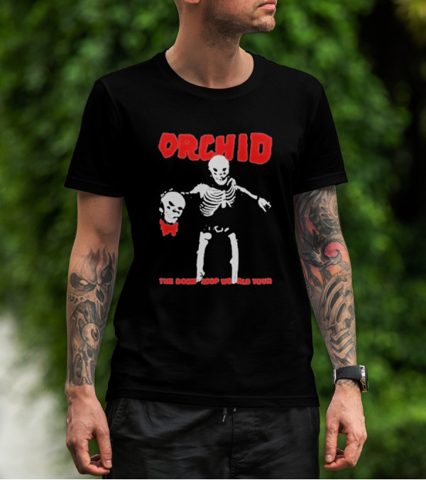 Orchid Skeleton Holding Skull The Doom Loop World Tour T-Shirt