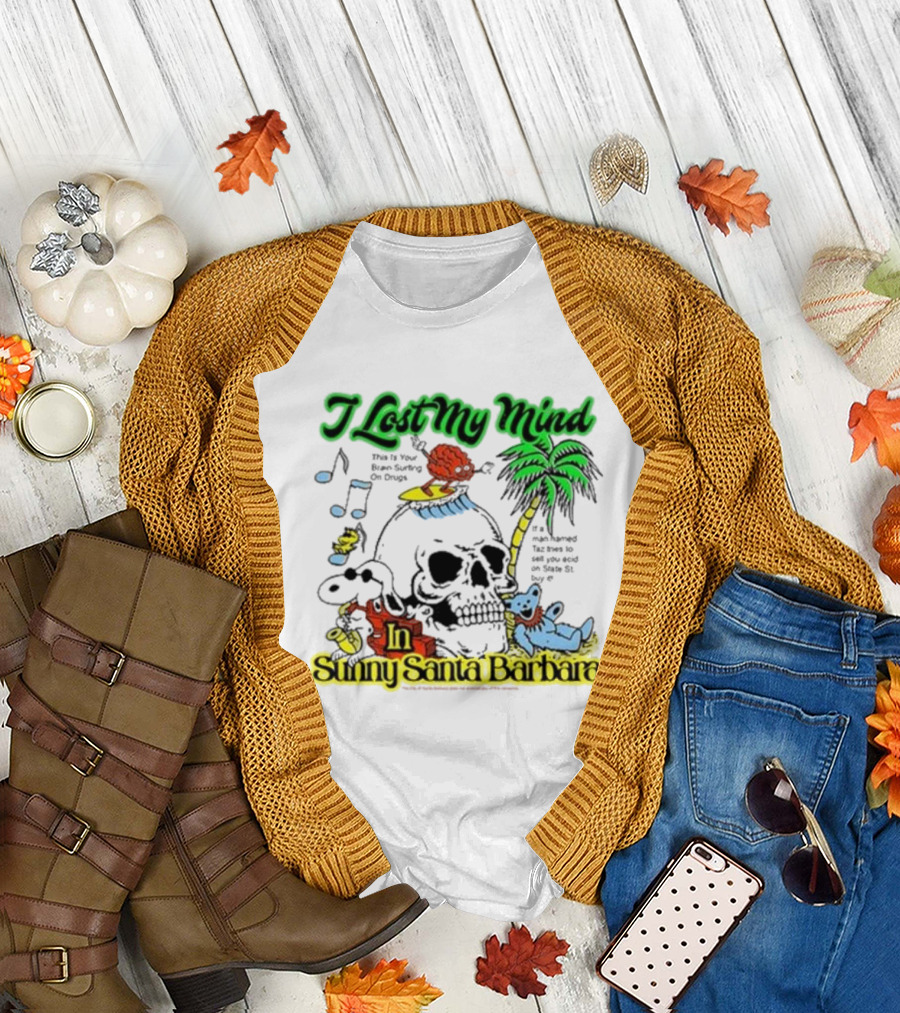 I Lost My Mind In Sunny Santa Barbara Music Skull Palm Beach Bear T-Shirt