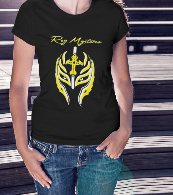 Rey Mysterio Cross Mask Icon With Yellow And White Accents T-Shirt