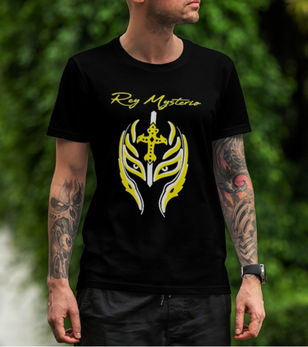 Rey Mysterio Cross Mask Icon With Yellow And White Accents T-Shirt