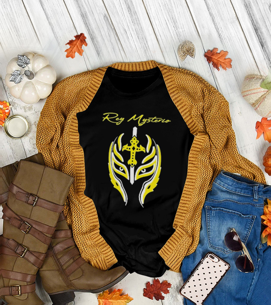 Rey Mysterio Cross Mask Icon with Yellow and White Accents T-Shirt