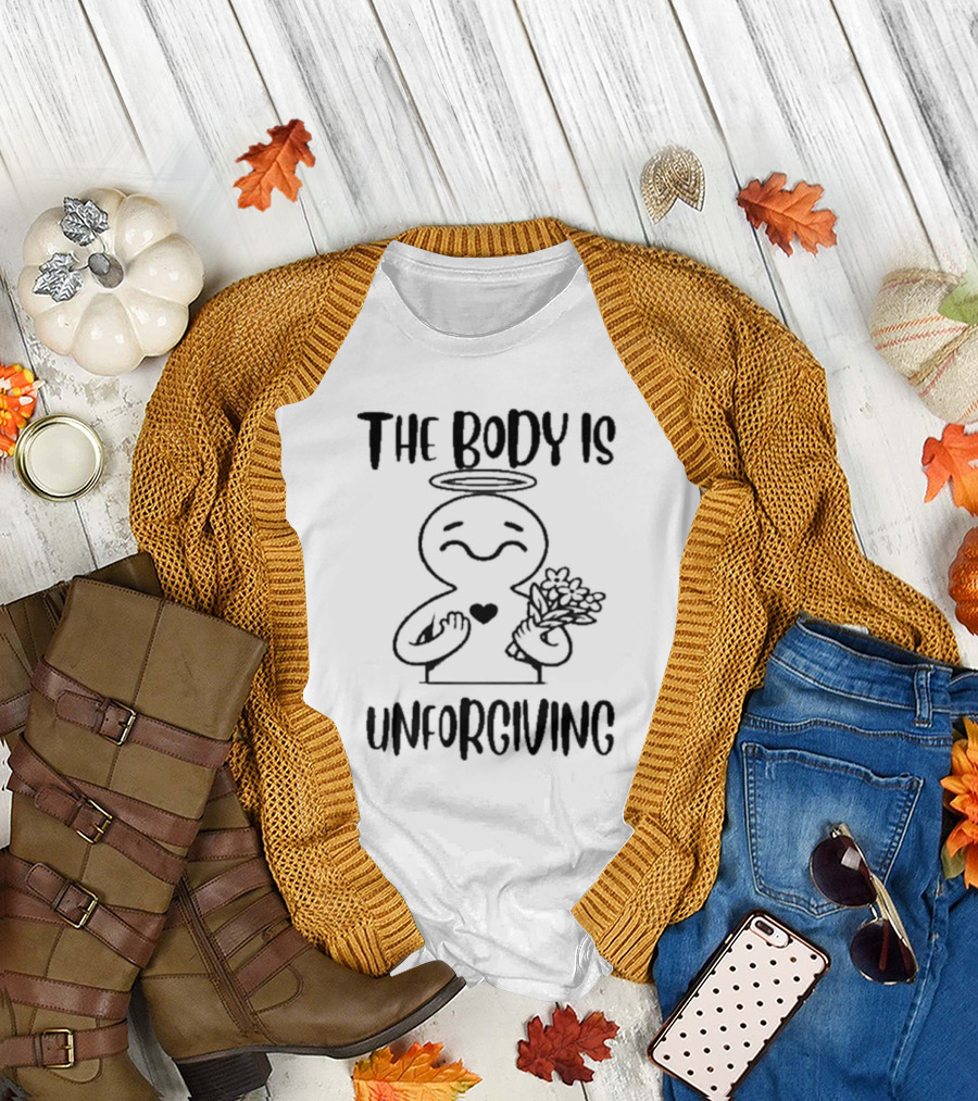 The Body Is Unforgiving Angel Figure Holding Flowers and Heart T-Shirt