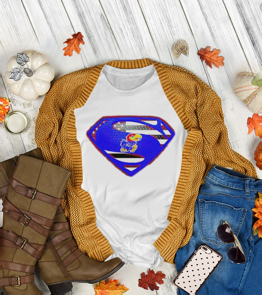 Kansas Jayhawks Superman Logo with USA Flag T-Shirt