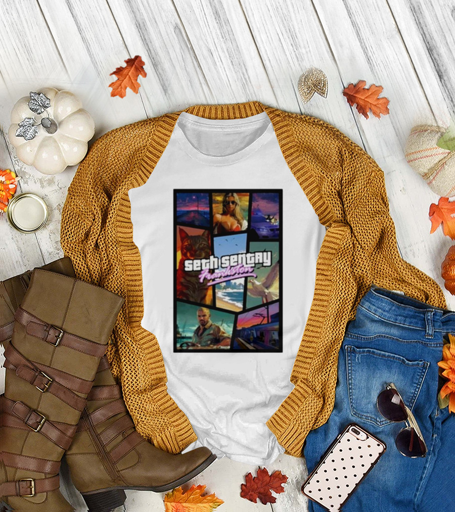 Seth Sentry Frankston GTA Style Art with Cat and City Scenes T-Shirt