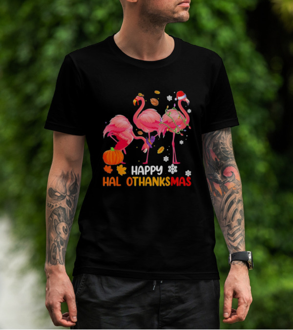 Happy Hallothanksmas Flamingo Halloween Thanksgiving Pumpkin Leaves Snowflakes T-Shirt