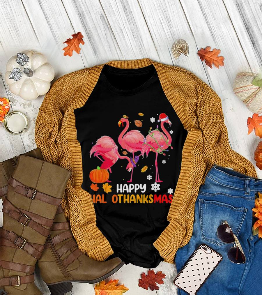 Happy Hallothanksmas Flamingo Halloween Thanksgiving Pumpkin Leaves Snowflakes T-Shirt