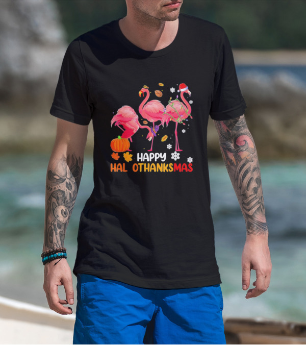 Happy Hallothanksmas Flamingo Halloween Thanksgiving Pumpkin Leaves Snowflakes T-Shirt