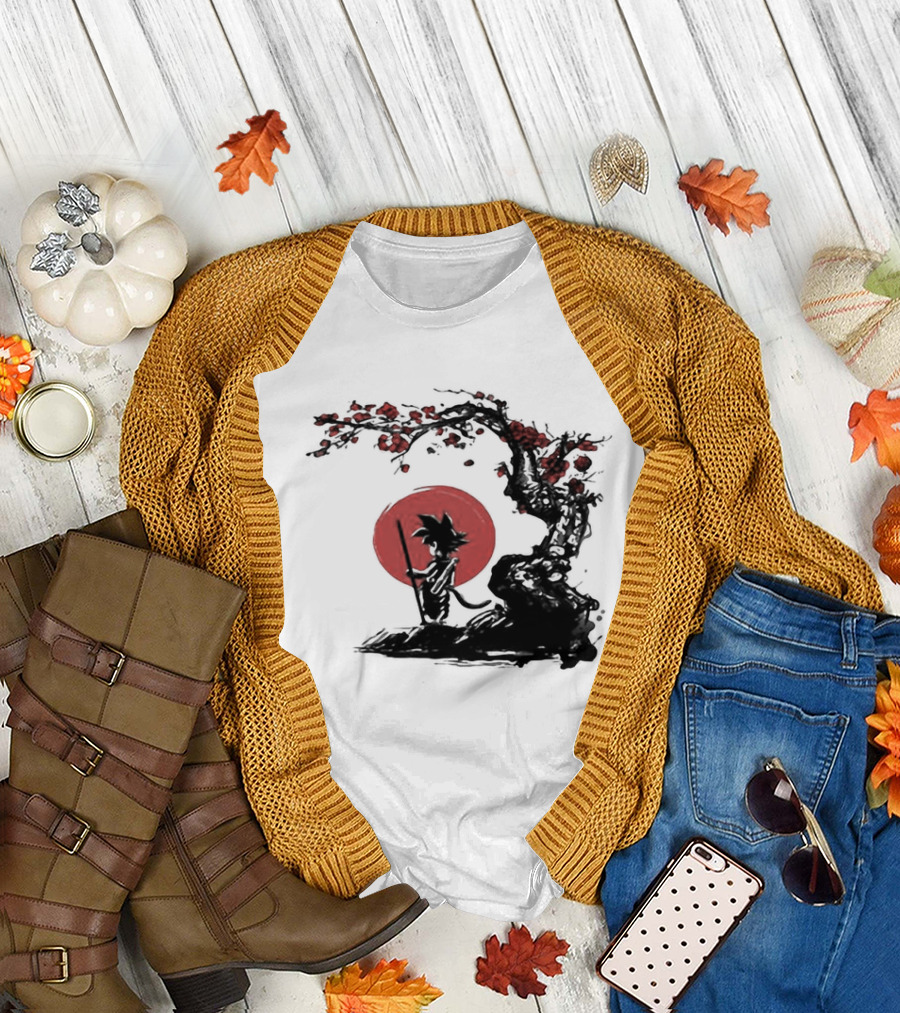 Son Goku Saiyan Solitude Beneath Cherry Blossom and Sun T-Shirt
