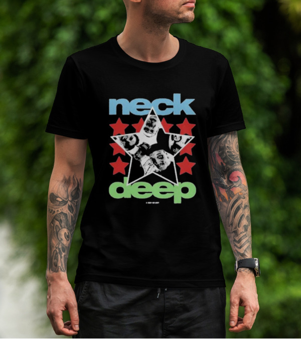 Neck Deep Blue And Green Star With Red Stars And Faces T-Shirt