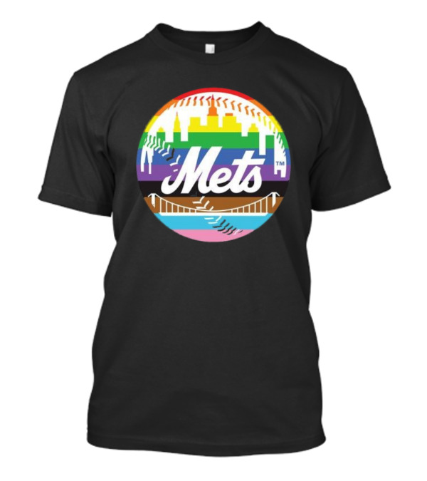 New York Mets Pride Month 2024 Rainbow Skyline Baseball T-Shirt