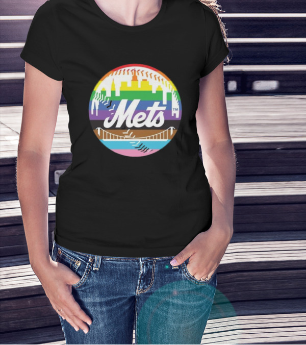 New York Mets Pride Month 2024 Rainbow Skyline Baseball T-Shirt
