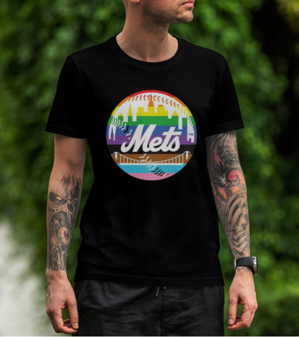New York Mets Pride Month 2024 Rainbow Skyline Baseball T-Shirt