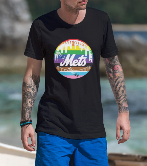 New York Mets Pride Month 2024 Rainbow Skyline Baseball T-Shirt
