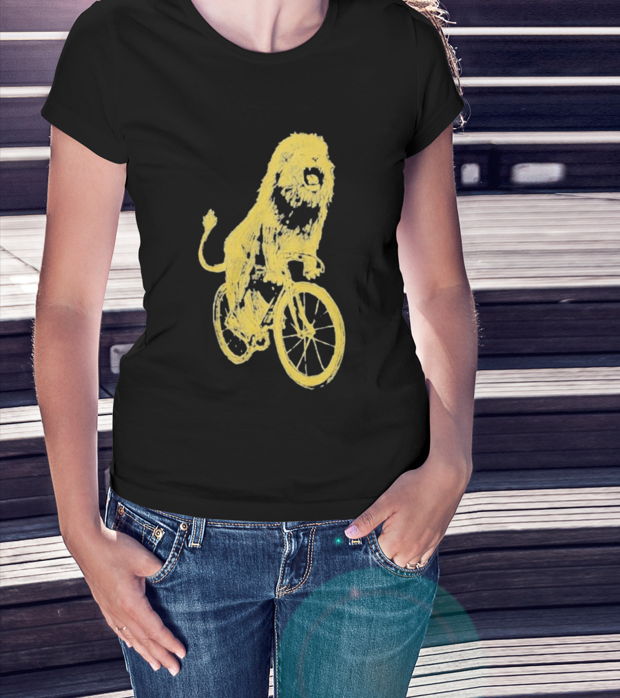 Lion Riding Bicycle Sketch Yellow T-Shirt