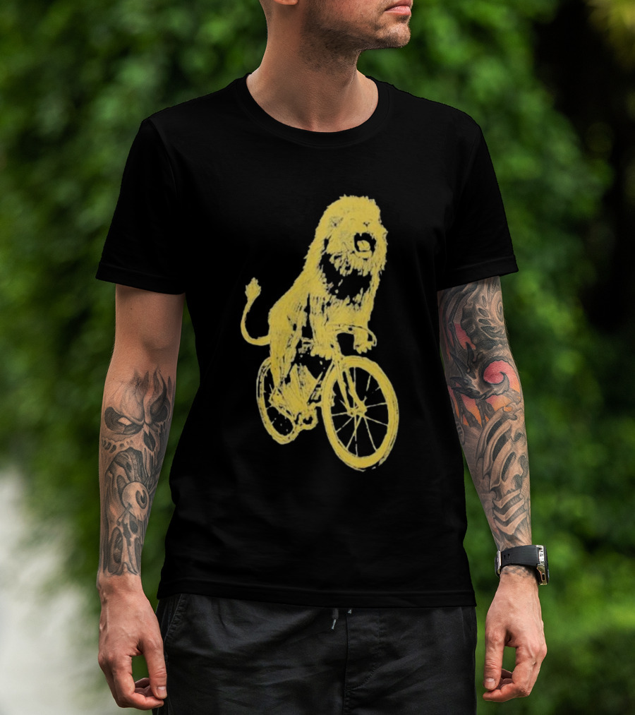 Lion Riding Bicycle Sketch Yellow T-Shirt