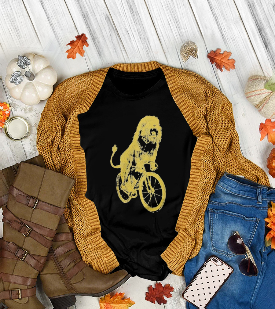 Lion Riding Bicycle Sketch Yellow T-Shirt