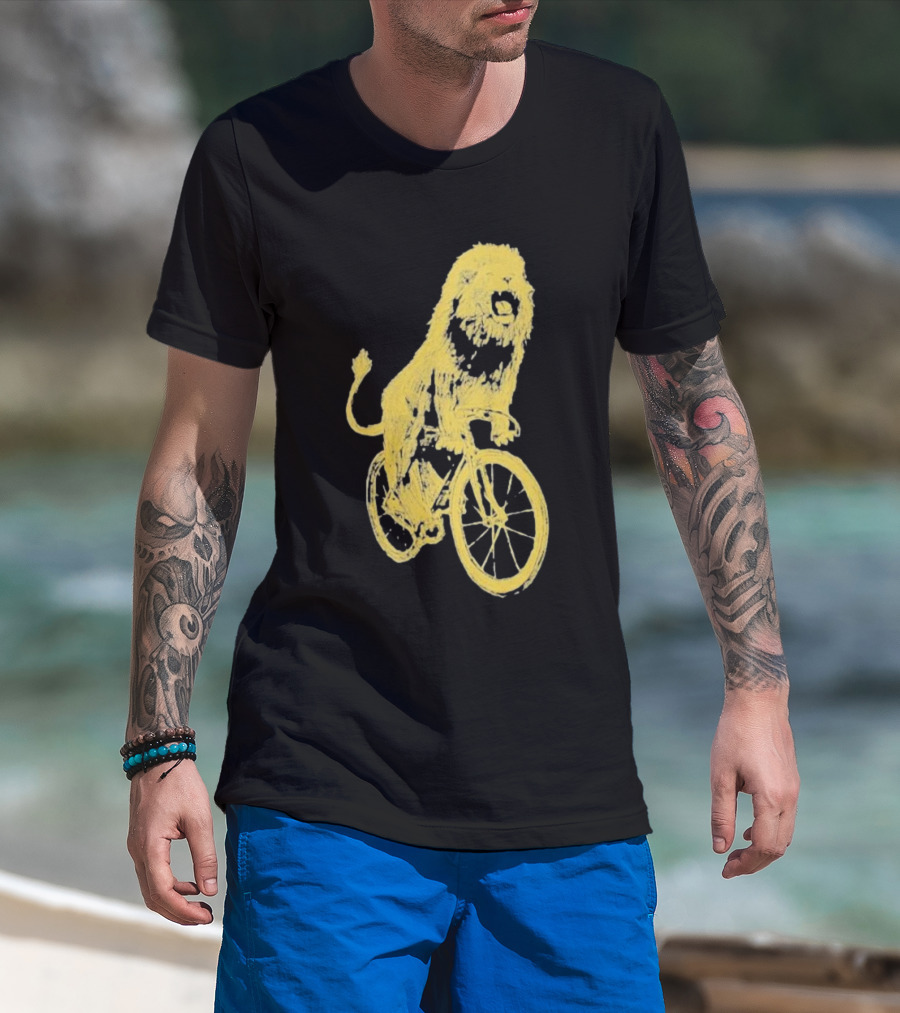 Lion Riding Bicycle Sketch Yellow T-Shirt