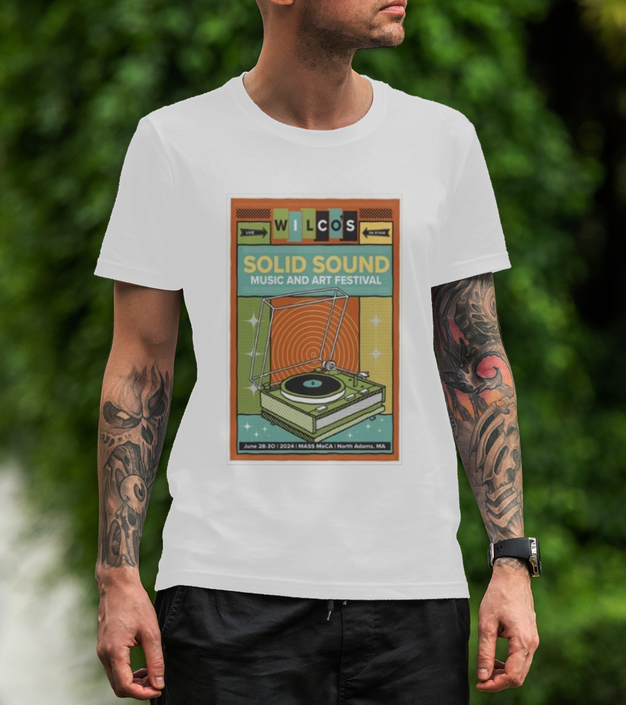 WILCO'S Solid Sound Music And Art Festival June 28-30 2024 Mass MoCA North Adams MA Retro Vinyl Turntable T-Shirt