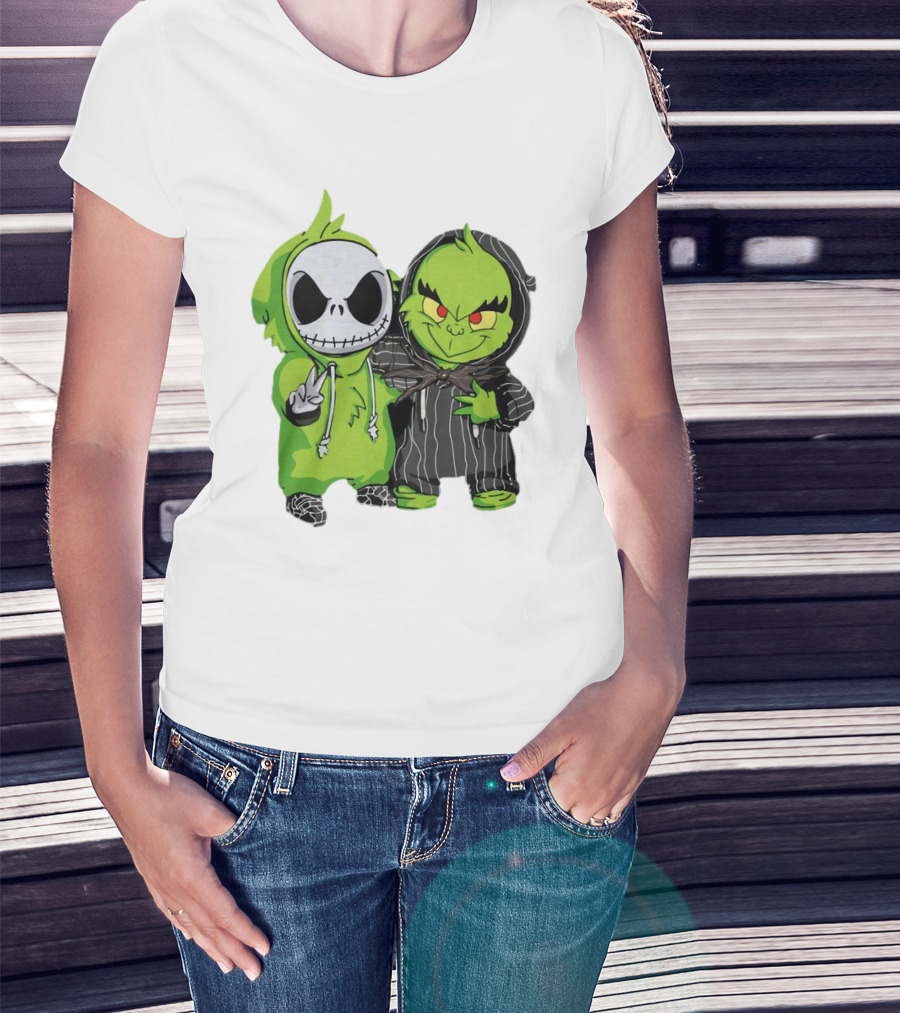 Baby Jack Skellington And Grinch In Green Hoodies T-Shirt
