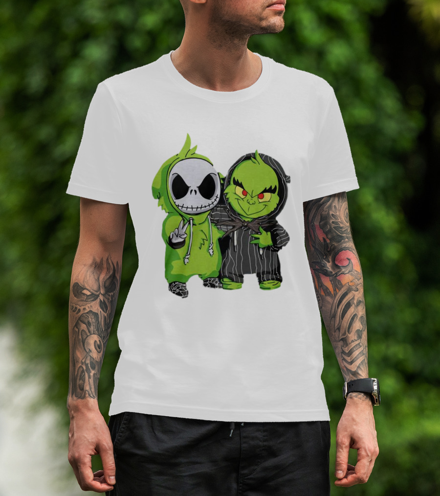 Baby Jack Skellington And Grinch In Green Hoodies T-Shirt