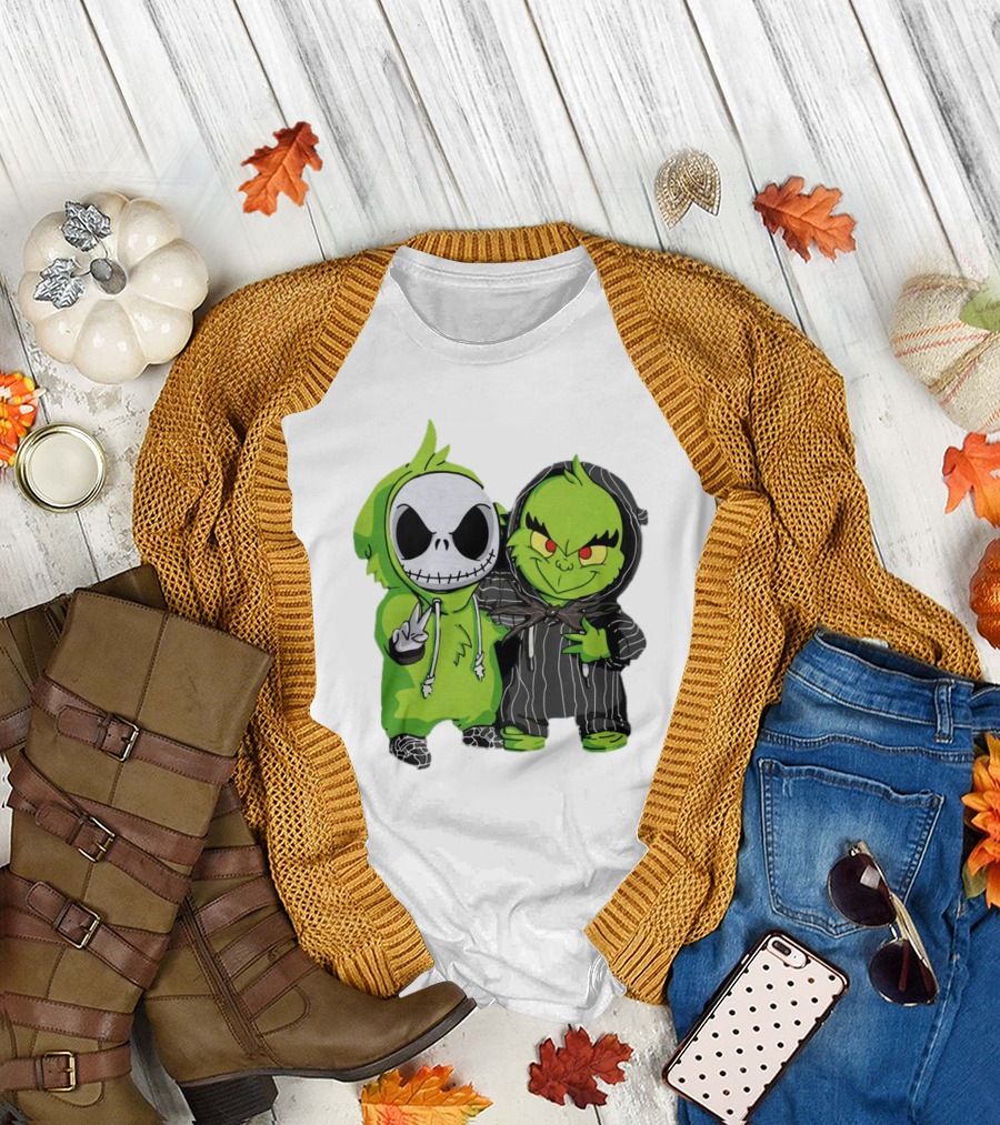 Baby Jack Skellington And Grinch In Green Hoodies T-Shirt