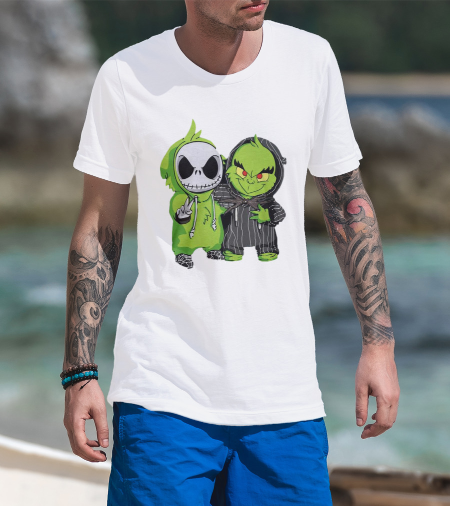 Baby Jack Skellington And Grinch In Green Hoodies T-Shirt